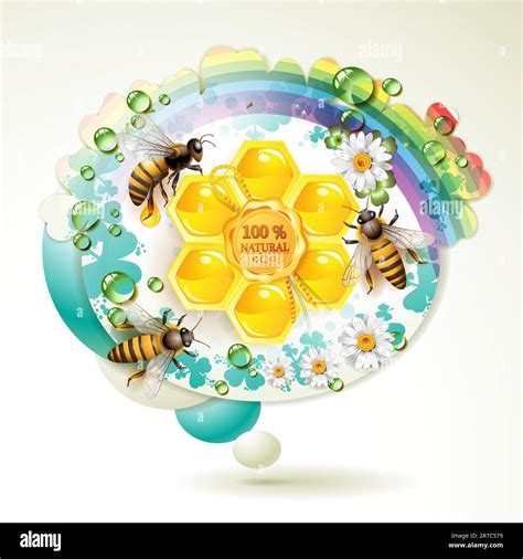 Bees And Honeycombs Over Floral Background With Rainbow And Drops Of