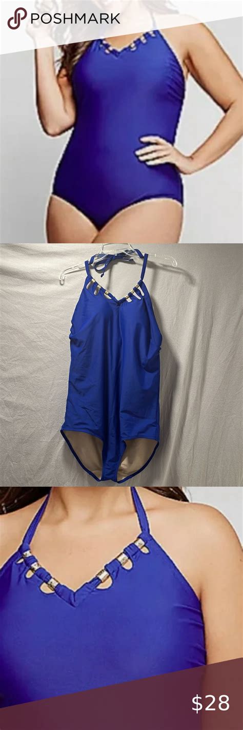 Swim By Cacique Blue Halter One Piece With No Wire Built In Bra And