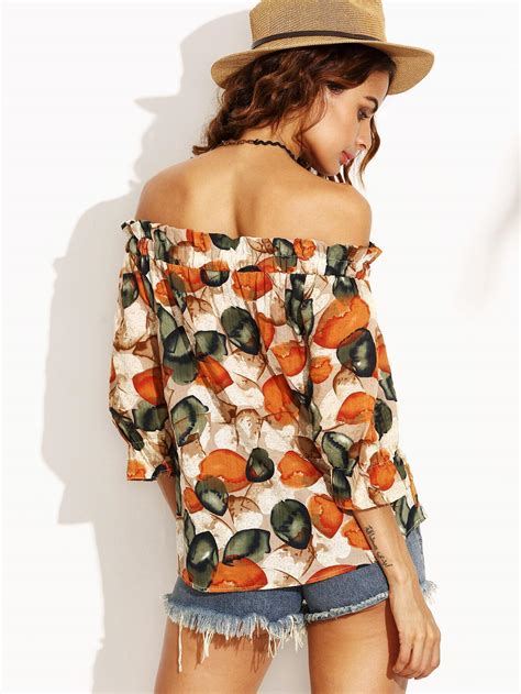 Off The Shoulder Print Shirred Top Shein Sheinside