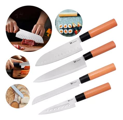 4 Facas Cozinha Santoku Inox Chef Pão Legumes Estilo Japão MercadoLivre