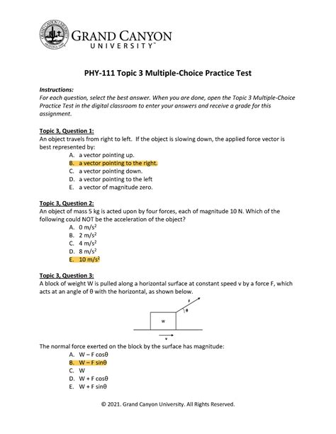 Phy Topic Multiple Choice Practice Test Grand Canyon