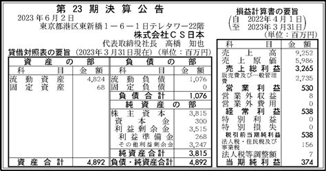 株式会社cs日本 第23期決算公告 官報決算データベース