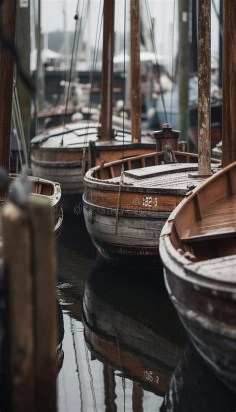 Pequenos Barcos De Madeira Em Marina Perto Dos Cais Uma Imagem