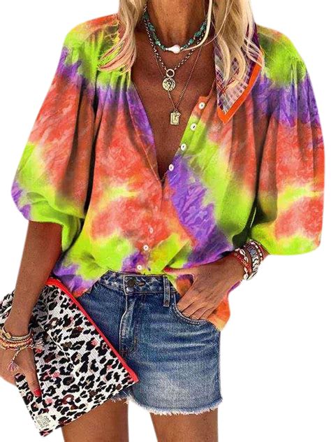 Womens Plus Size Tie Dye Shirts 3 4 Sleeve Blouses Casual Loose V Neck