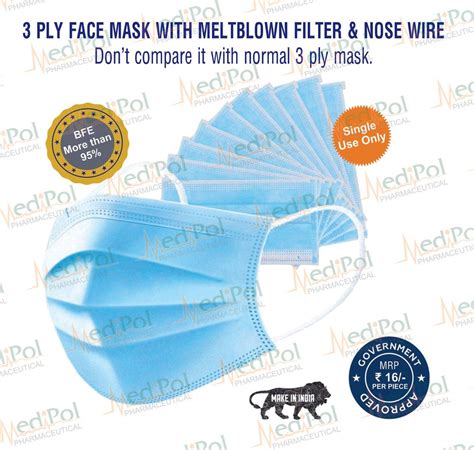 Ear Loop Mount Medipol Melt Blown 3 Ply Disposable Face Mask 75 Gsm