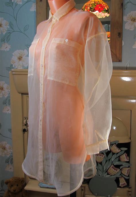 Vintage Nude See Through Very Sheer Long Tunic Blouse Top Shirt Size L