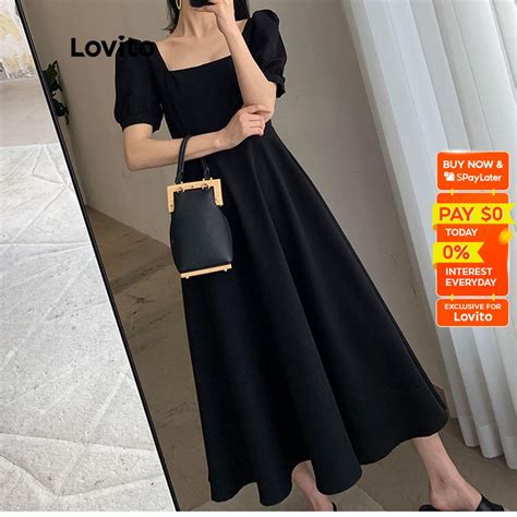 Lovito Elegant Plain Square Neck Puff Sleeve Dress For Women Lne