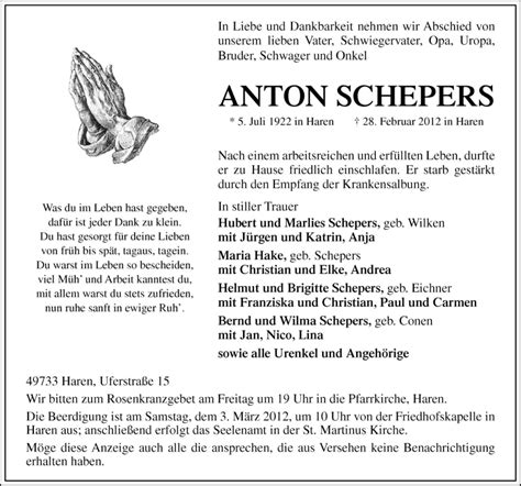 Traueranzeigen Von Anton Schepers Noz Trauerportal