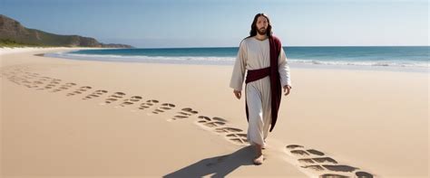 Jesus Christ On A Beach With Hundreds Of Footprints Stable Diffusion
