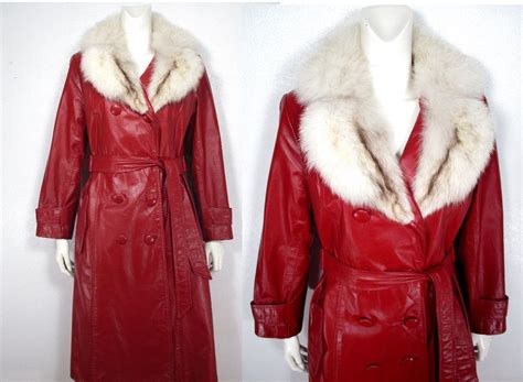 1970 S Red Leather And Fox Fur Trench Collar Coat Vintage 70 S Jacket S M Hippie Red Leather