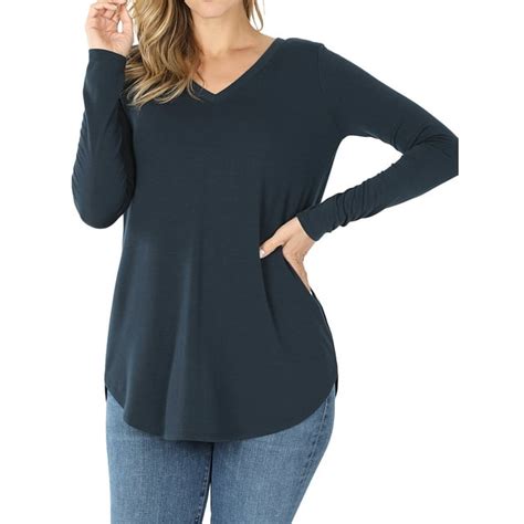 Zenana Women And Plus Relaxed Fit Long Sleeve V Neck Round Hem Jersey Tee