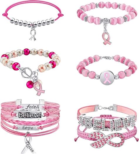 Taiyin 6 Pieces Breast Cancer Awareness Bracelet Breast Cancer Bracelets Ribbon Pink