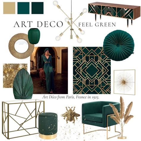 An Art Deco Mood Board With Green And Gold Accents