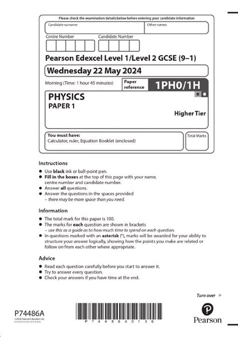 2024 Gcse Pearson Edexcel Level 1level 2 Gcse 91 Physics Paper 1