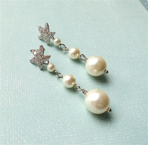 Sabia Crystal Star Ear Post With Pearls Drop Bridal Etsy