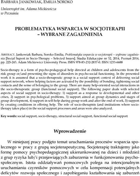 PROBLEMATYKA WSPARCIA W SOCJOTERAPII WYBRANE ZAGADNIENIA PDF Free