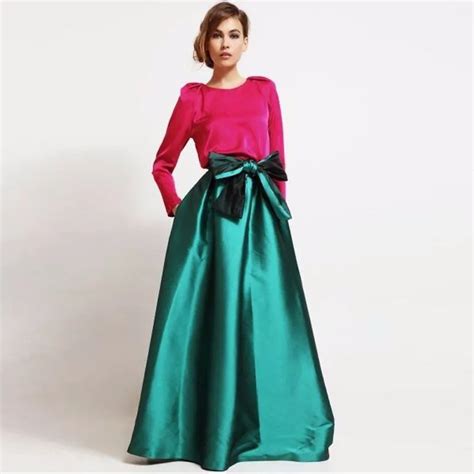 Graceful Emerald Green Long Satin Women Skirts With Chic Bows High