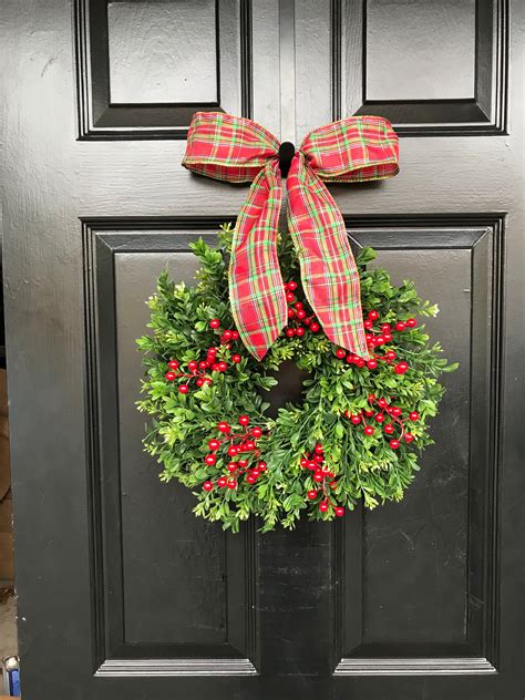 Farmhouse Christmas Wreath Front Door Window Boxwood Red Berry Etsy