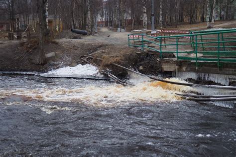 Spring Flood Rushing Water In The River Dark Ferrous Water Rushes In