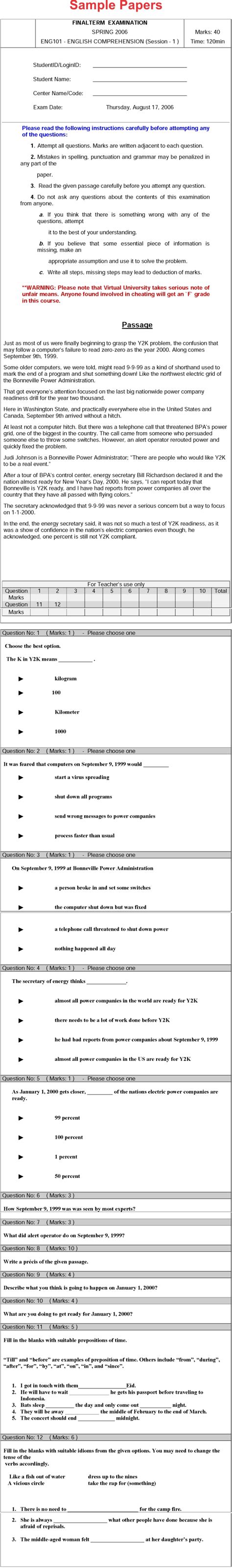 Eng English Comprehension Bs Software Engineering Vu University