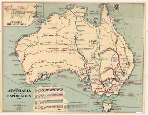 Australia Pictorial Exploration Map 1960s School Map Of Australia Showing The Routes Taken By