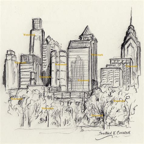 Philadelphia Skyline Charcoal Drawing Of Downtown #798 – Condren ...