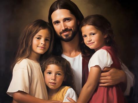 Premium AI Image | Oil painting of Jesus hugging children