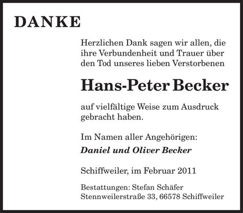 Traueranzeigen Von Hans Peter Becker Saarbruecker Zeitung Trauer De