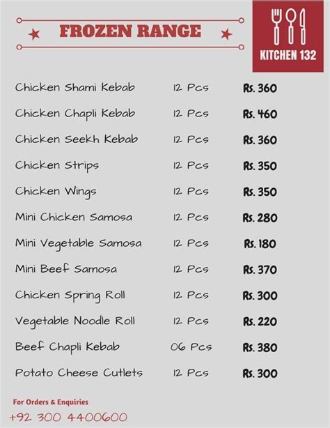 Frozen Food Menu