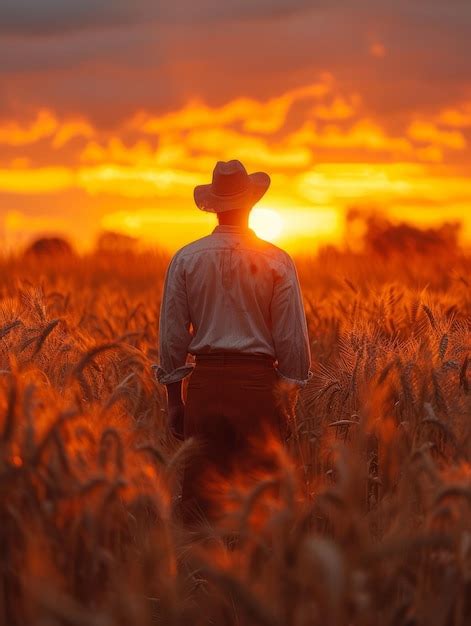 O fazendeiro está de pé no campo de trigo ao pôr do sol Foto Premium