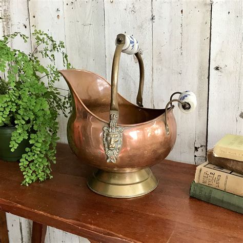 Larger Copper Coal Scuttle With Delft Handles And Lions Head Etsy