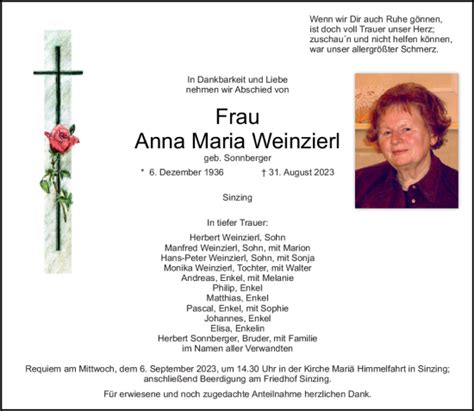 Traueranzeigen Von Anna Maria Weinzierl Mittelbayerische Trauer