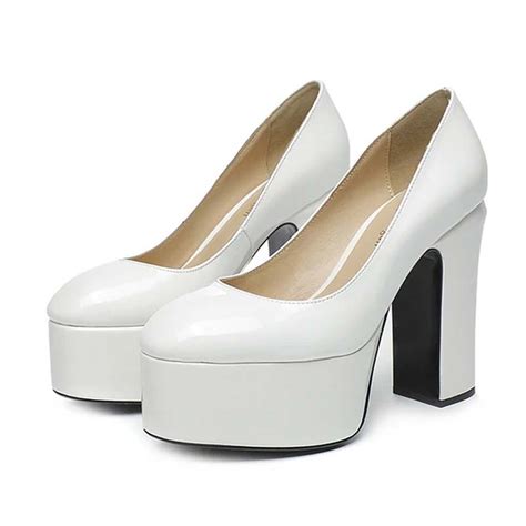 Emma Jones Round Toe High Platforms Chunky Heels Pumps White Patent In Sexy Heels And Platforms