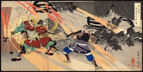 Antique Japanese Ukiyo E Print Battle Duel Spear Sword Samurai 1880