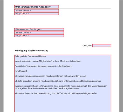 Kündigung Musikschule Vorlage für ein Kündigungsschreiben