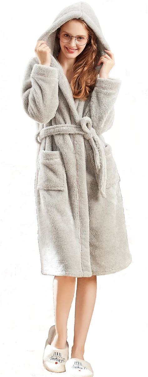 Women Fleece Robe Long Plush Super Soft And Warm Bathrobe Cozy Fluffy Hooded Shower Robe Medium