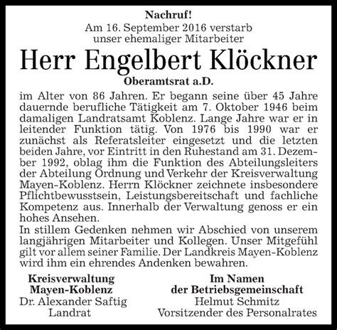 Traueranzeigen von Engelbert Klöckner rz trauer de