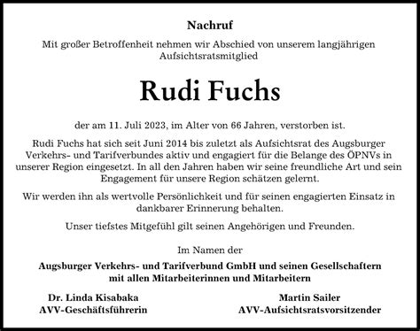 Traueranzeigen Von Rudi Fuchs Augsburger Allgemeine Zeitung