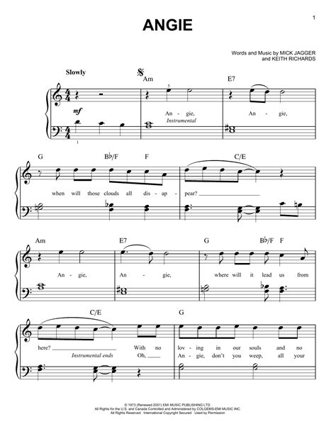 Angie By The Rolling Stones Sheet Music For Very Easy Piano At Sheet