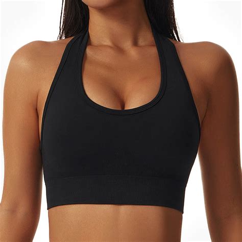 Searchi Halter Neck Sports Bras Women Sexy Cute Wirefree Mid Yoga Bras Breathable Gather Fitness