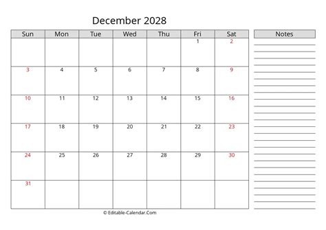 Download December 2028 Calendar With Notes, weeks start on Sunday