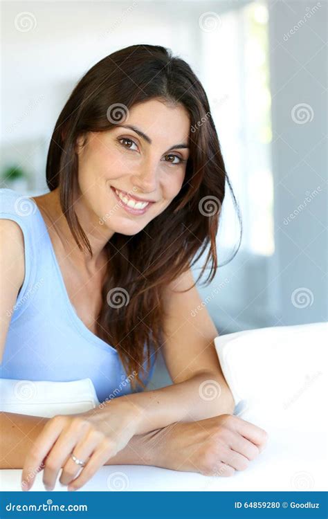 Smiling Beautiful Brunette At Home Stock Photo Image Of Relaxing