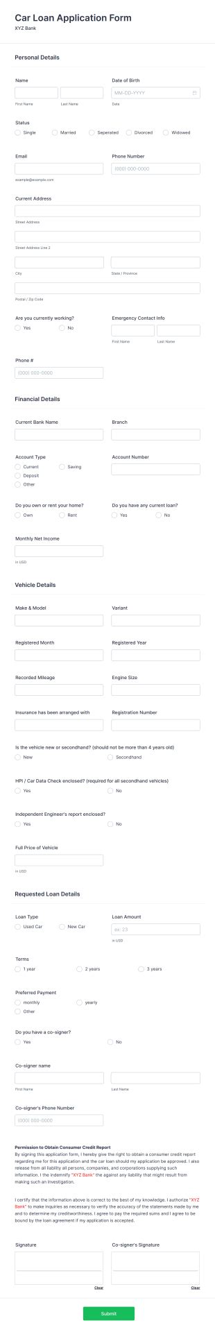 Car Loan Application Form Template Jotform