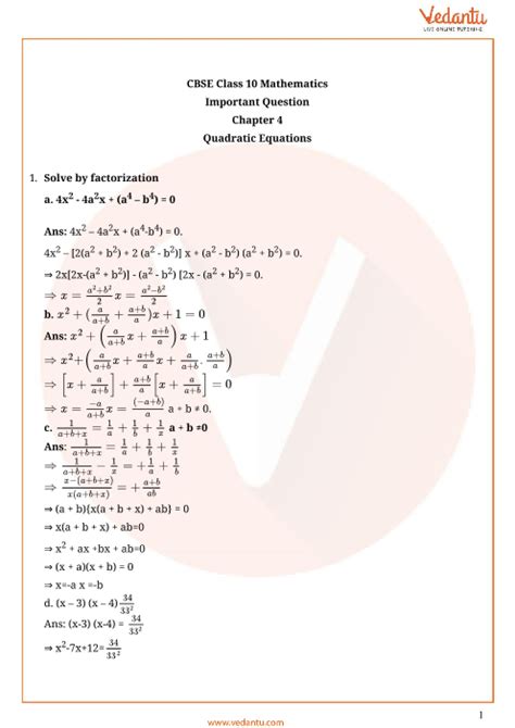 Important Questions For Cbse Class 10 Maths Chapter 4 Quadratic Equations