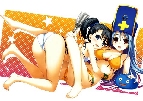 Girls Ass Barefoot Bikini Blue Hair Breasts Cameltoe Cleavage Dragon Quest Hat Swimsuit Tomose