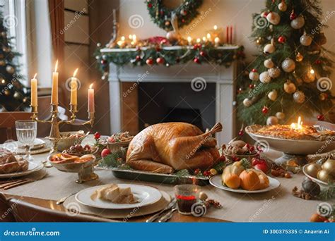 Indoor Christmas Scene A Dining Table With Typical Christmas Foods Ai