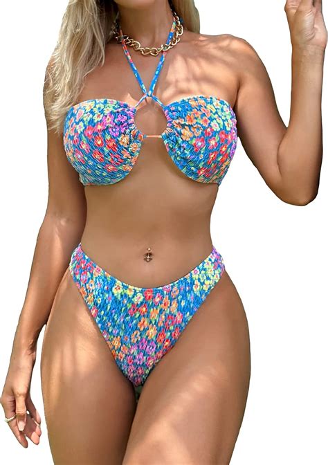 Amazon Gorglitter Women S Ditsy Floral Smocked Bikini Set High Cut