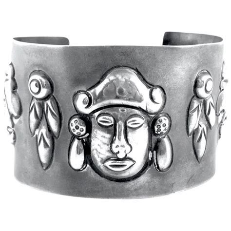 Big 1930s 40s Mexico Handmade Sterling Pre Columbian Inspired Native Masks Design Cuff Bracelet