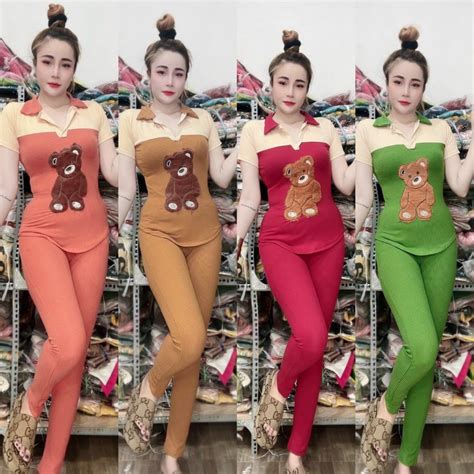 Set Đồ Bộ Thun Gân Áo Thun Tay Ngắn Hình Thiêu Gấu Phối Quần Dài Ôm Siêu Cưng Hot Đi Chơi