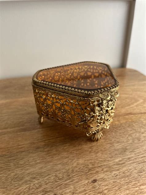 Vintage Gold Ormolu Jewelry Casket Beveled Amber Glass Shell Footed Ebay